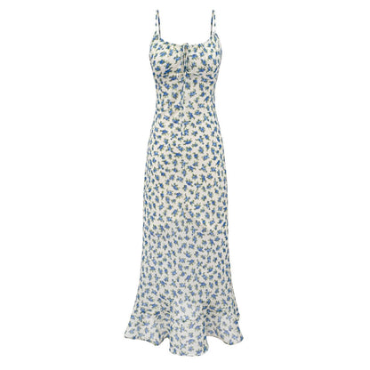 Summer Women Clothing French Romantic Atmosphere Seaside Vacation Printed Maxi Dress Slim Strap Dress  DestGlow