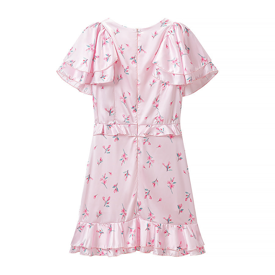 Summer Women Clothing Floral Flounce Socialite V neck Satin Short Sleeve Waist Controlled Dress  DestGlow