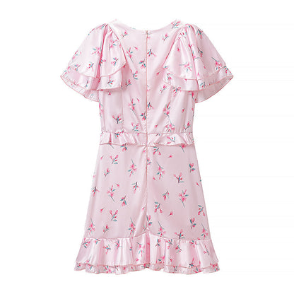 Summer Women Clothing Floral Flounce Socialite V neck Satin Short Sleeve Waist Controlled Dress  DestGlow