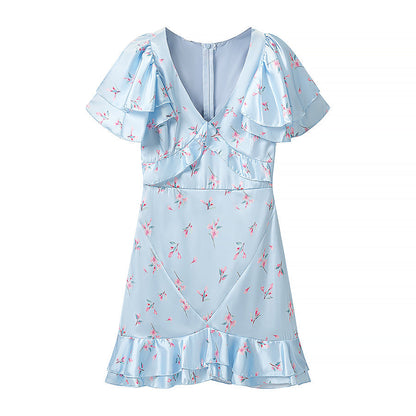 Summer Women Clothing Floral Flounce Socialite V neck Satin Short Sleeve Waist Controlled Dress  DestGlow