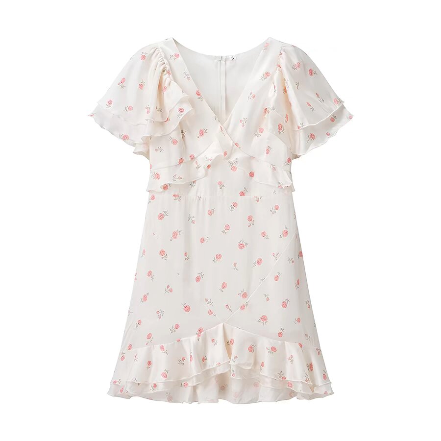 Summer Women Clothing Floral Flounce Socialite V neck Satin Short Sleeve Waist Controlled Dress  DestGlow