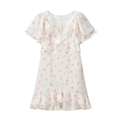 Summer Women Clothing Floral Flounce Socialite V neck Satin Short Sleeve Waist Controlled Dress  DestGlow