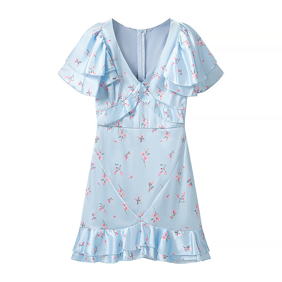 Summer Women Clothing Floral Flounce Socialite V neck Satin Short Sleeve Waist Controlled Dress  DestGlow