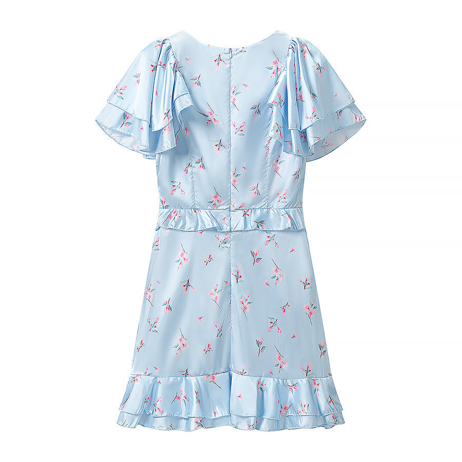 Summer Women Clothing Floral Flounce Socialite V neck Satin Short Sleeve Waist Controlled Dress  DestGlow