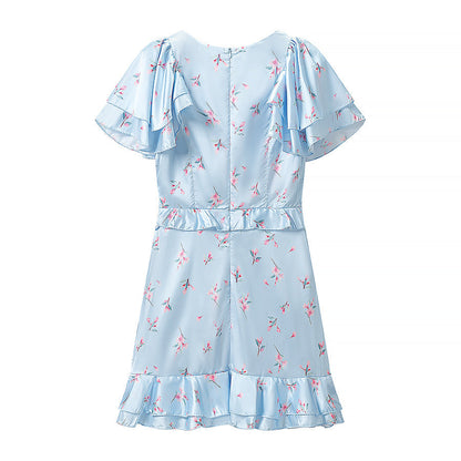 Summer Women Clothing Floral Flounce Socialite V neck Satin Short Sleeve Waist Controlled Dress  DestGlow