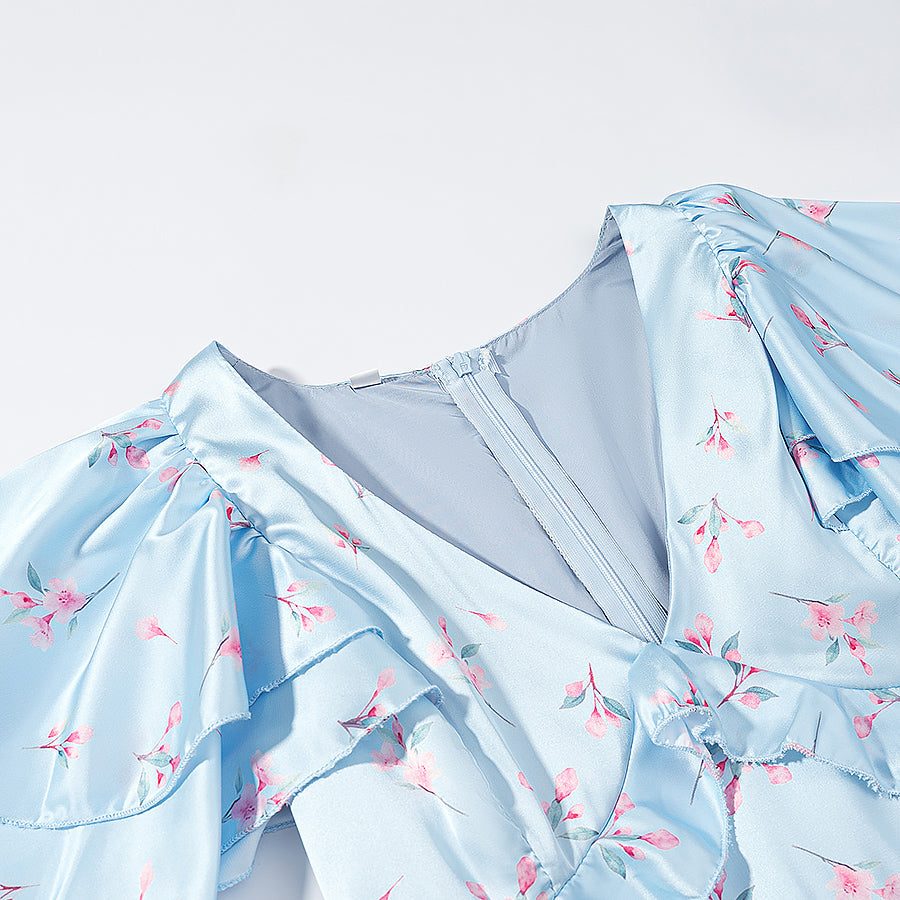 Summer Women Clothing Floral Flounce Socialite V neck Satin Short Sleeve Waist Controlled Dress  DestGlow