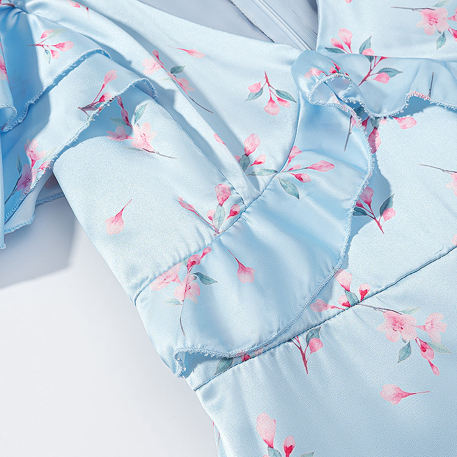 Summer Women Clothing Floral Flounce Socialite V neck Satin Short Sleeve Waist Controlled Dress  DestGlow