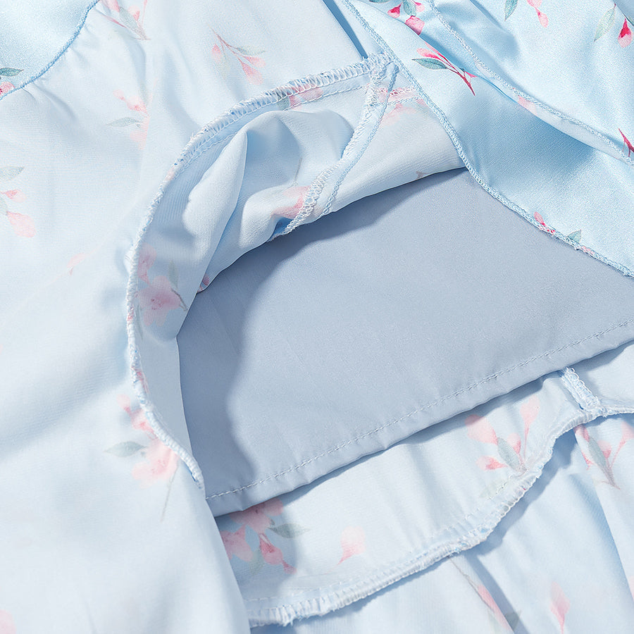 Summer Women Clothing Floral Flounce Socialite V neck Satin Short Sleeve Waist Controlled Dress  DestGlow