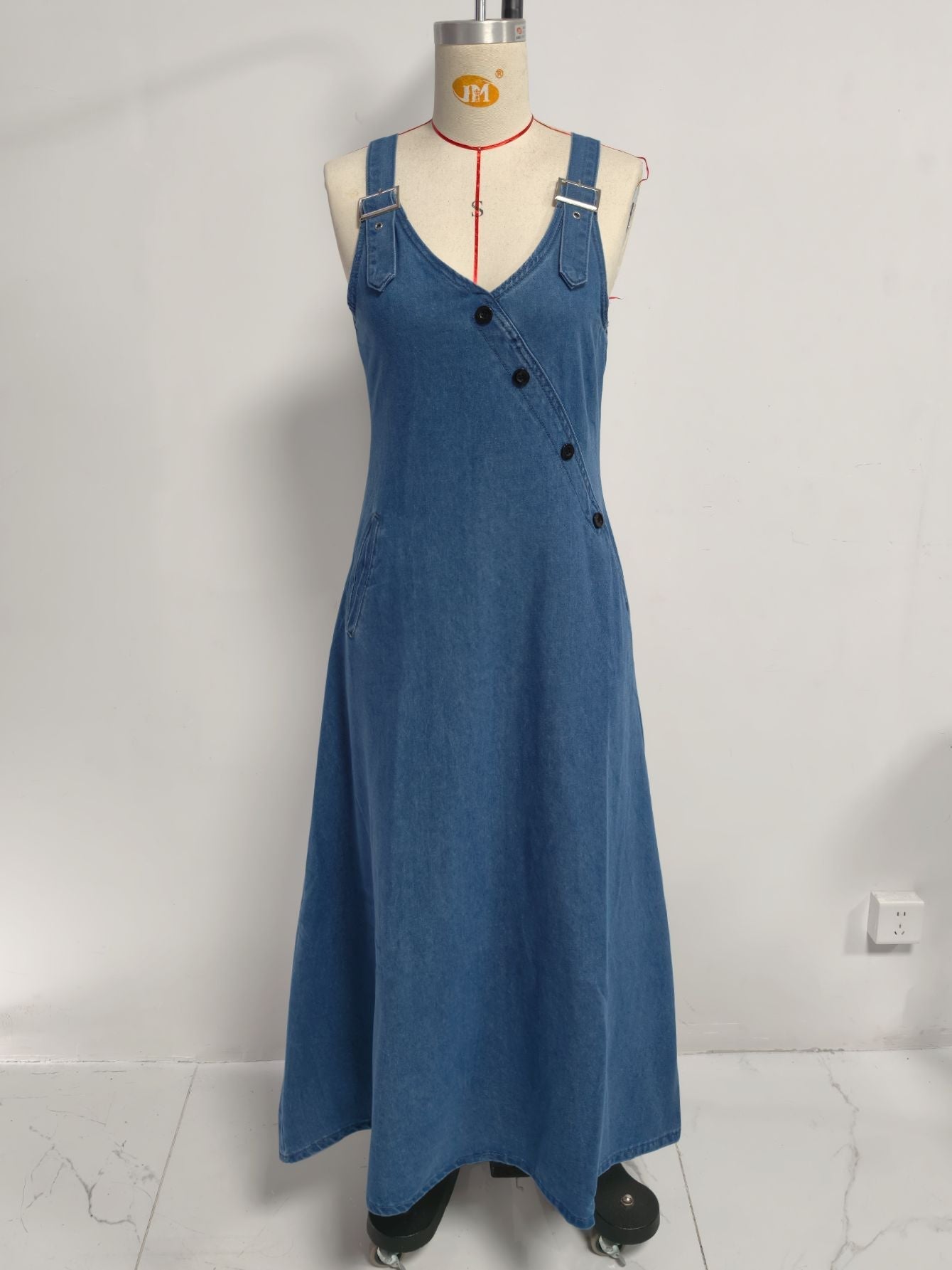 Washed V neck Oblique Buckle Denim Brace Maxi Dress Women Loose Slimming Denim Dress  DestGlow