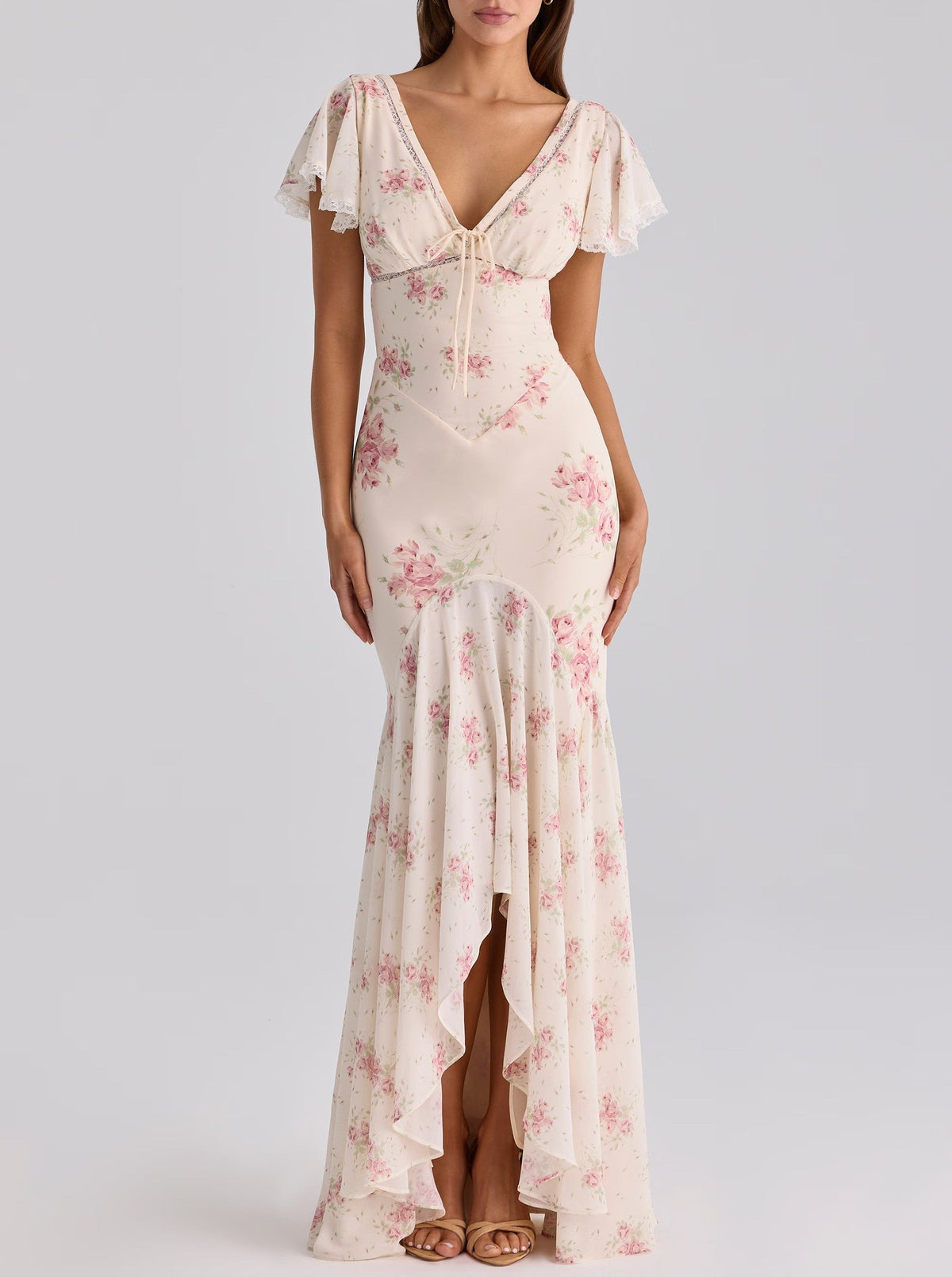 Women Clothing French Elegant Floral Irregular Asymmetric Cinched Slimming Fishtail Sheath Maxi Dress  DestGlow