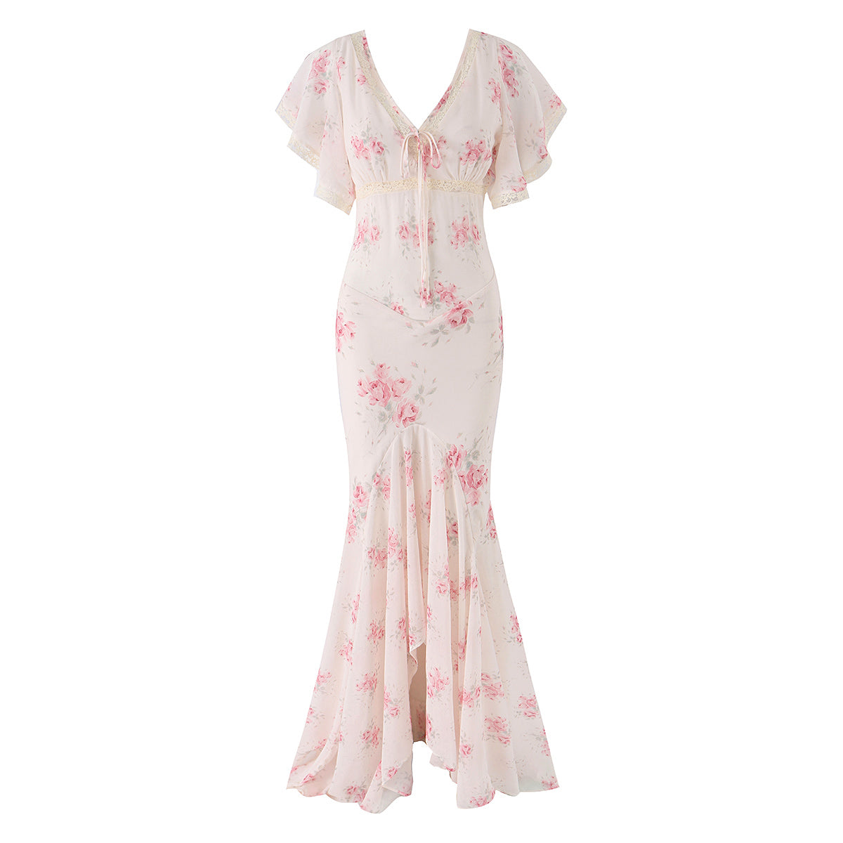 Women Clothing French Elegant Floral Irregular Asymmetric Cinched Slimming Fishtail Sheath Maxi Dress  DestGlow