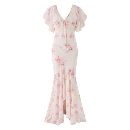 Women Clothing French Elegant Floral Irregular Asymmetric Cinched Slimming Fishtail Sheath Maxi Dress  DestGlow