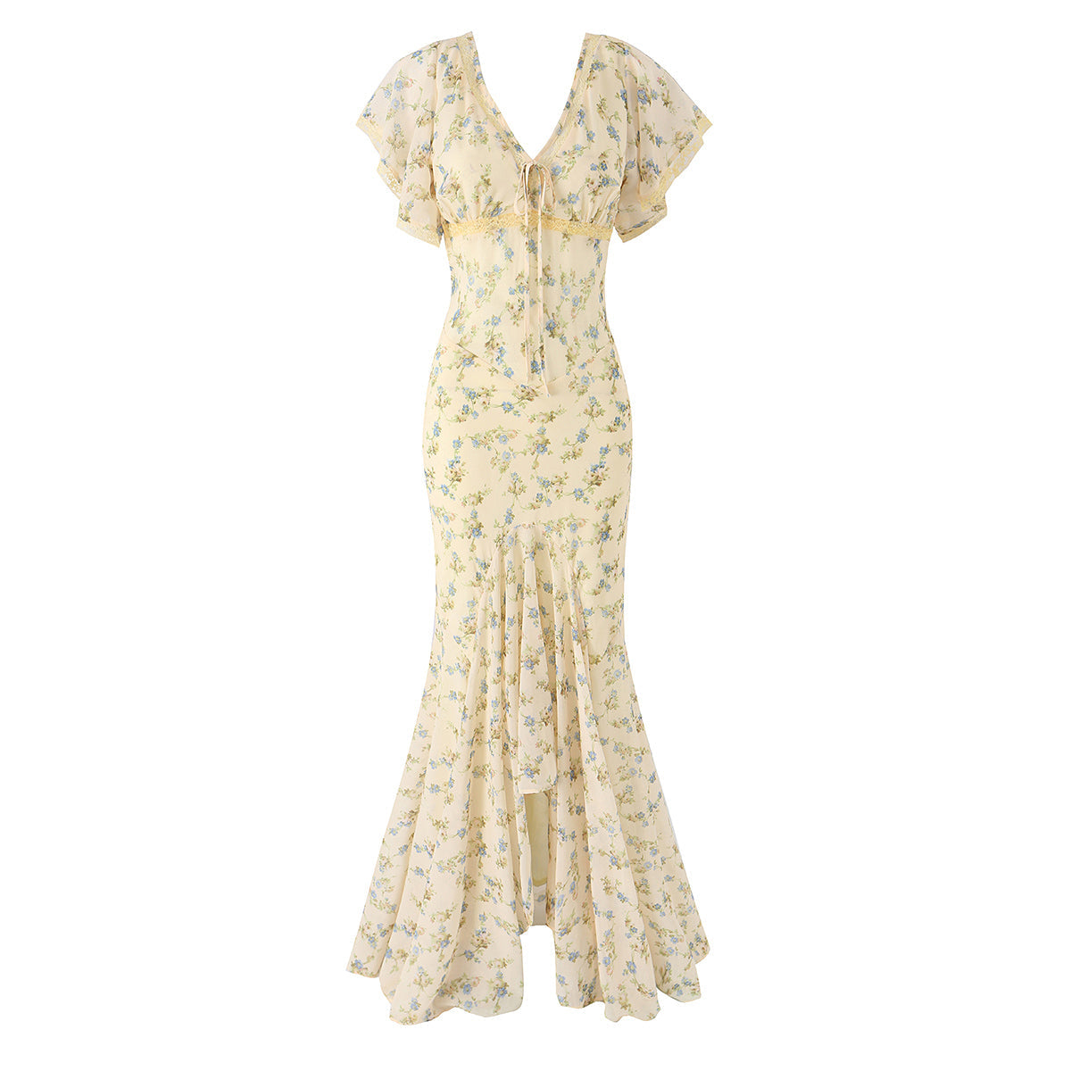 Women Clothing French Elegant Floral Irregular Asymmetric Cinched Slimming Fishtail Sheath Maxi Dress  DestGlow