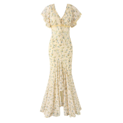 Women Clothing French Elegant Floral Irregular Asymmetric Cinched Slimming Fishtail Sheath Maxi Dress  DestGlow