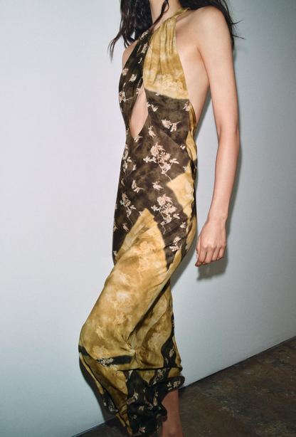 Women Elegant Slim Backless Sleeveless Printed Hanging Collar Dress  DestGlow