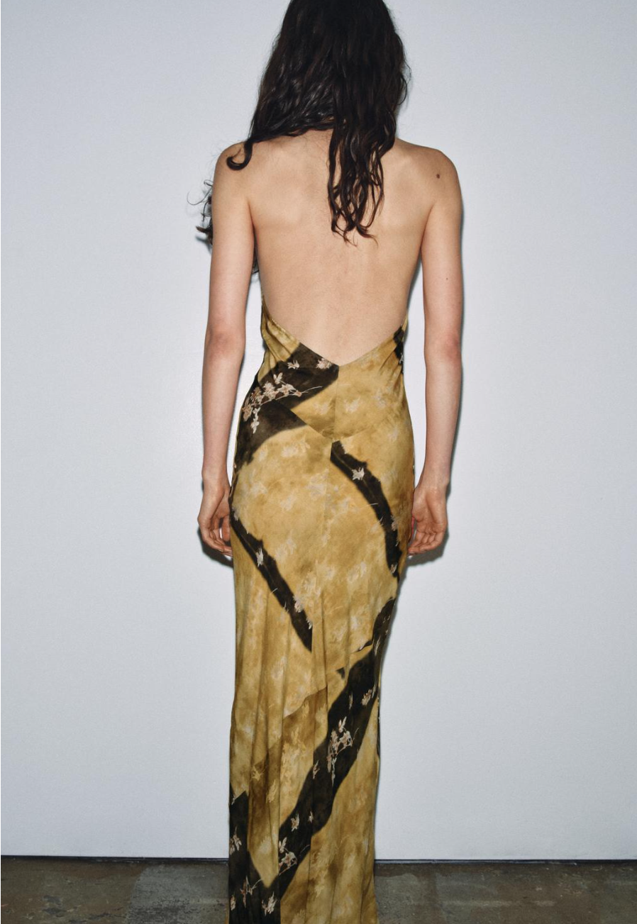 Women Elegant Slim Backless Sleeveless Printed Hanging Collar Dress  DestGlow
