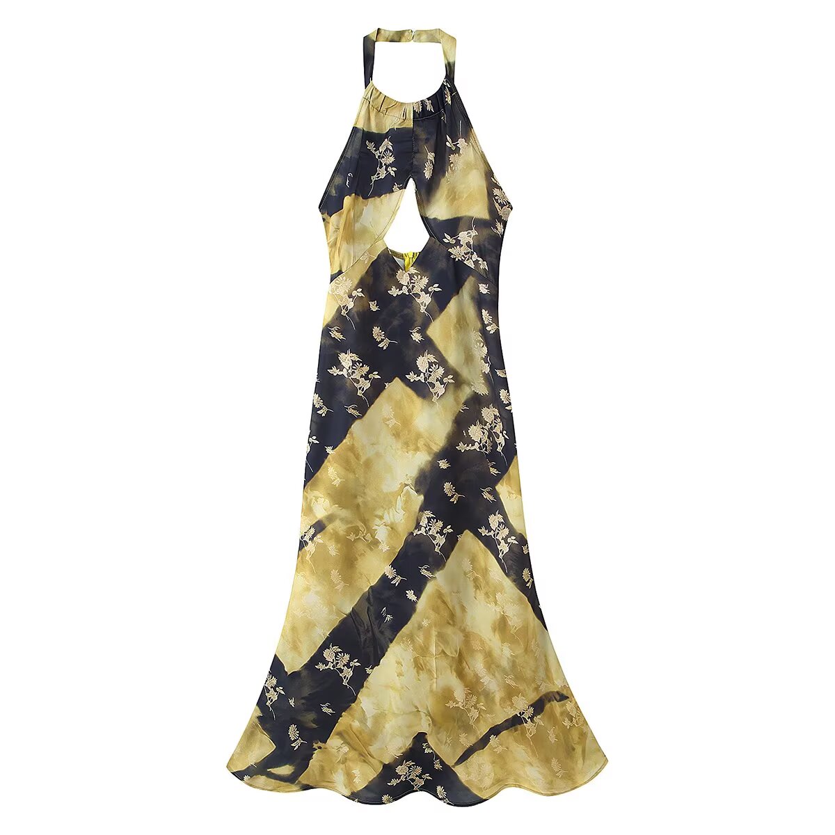 Women Elegant Slim Backless Sleeveless Printed Hanging Collar Dress  DestGlow