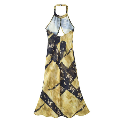 Women Elegant Slim Backless Sleeveless Printed Hanging Collar Dress  DestGlow