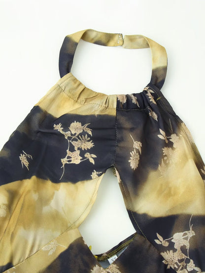 Women Elegant Slim Backless Sleeveless Printed Hanging Collar Dress  DestGlow