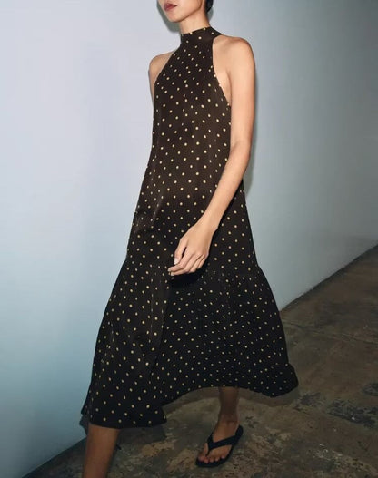 Women Clothing Summer Loose Polka Dot off the Shoulder Hanging Collar Dress  DestGlow