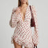 Printed Long Sleeve Design Deep V Plunge neck Waist Controlled Slimming Short Dress  DestGlow
