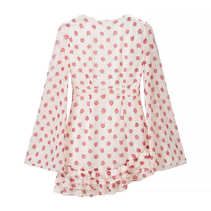 Printed Long Sleeve Design Deep V Plunge neck Waist Controlled Slimming Short Dress  DestGlow