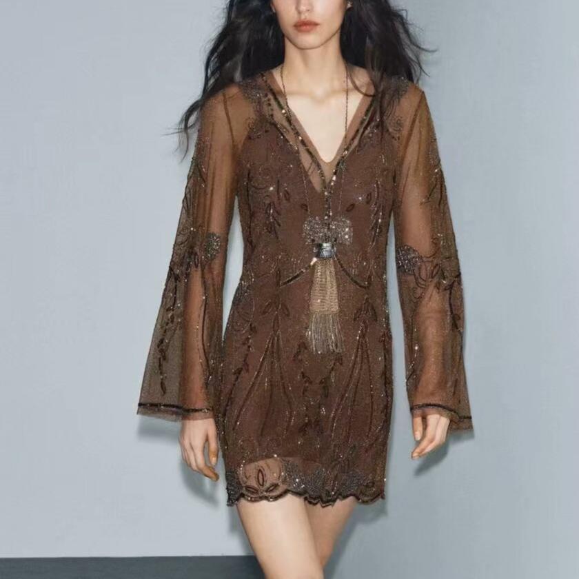 Women Slimming Slip Dress Two Piece V neck Long Sleeve Embroidered Sequ Dress  DestGlow