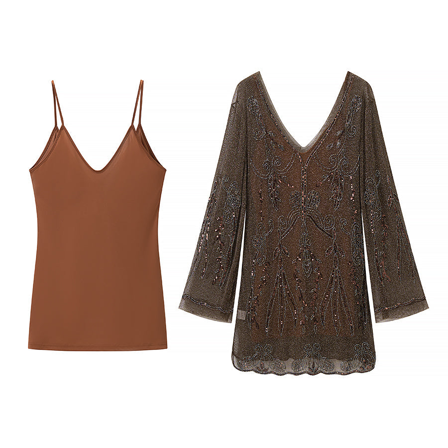 Women Slimming Slip Dress Two Piece V neck Long Sleeve Embroidered Sequ Dress  DestGlow