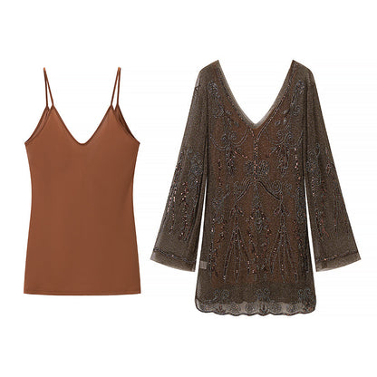 Women Slimming Slip Dress Two Piece V neck Long Sleeve Embroidered Sequ Dress  DestGlow