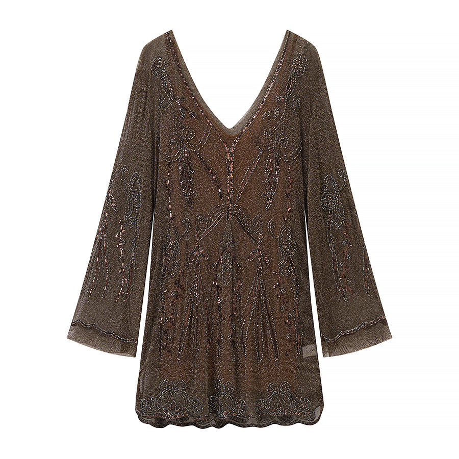 Women Slimming Slip Dress Two Piece V neck Long Sleeve Embroidered Sequ Dress  DestGlow