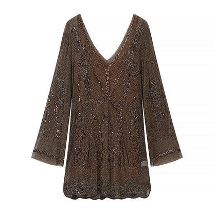 Women Slimming Slip Dress Two Piece V neck Long Sleeve Embroidered Sequ Dress  DestGlow