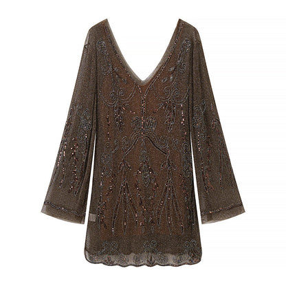 Women Slimming Slip Dress Two Piece V neck Long Sleeve Embroidered Sequ Dress  DestGlow