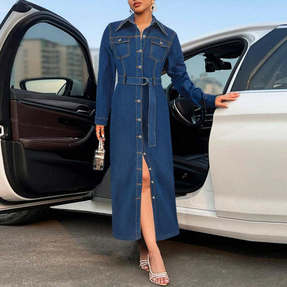 Women Clothing Denim Collared Cardigan Button Long Sleeve Long Coat Dress  DestGlow
