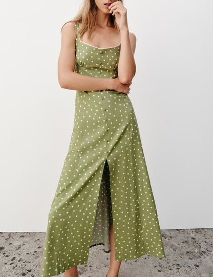 Women Clothing Summer Polka Dot Linen Blended Midi Dress Strap Dress  DestGlow