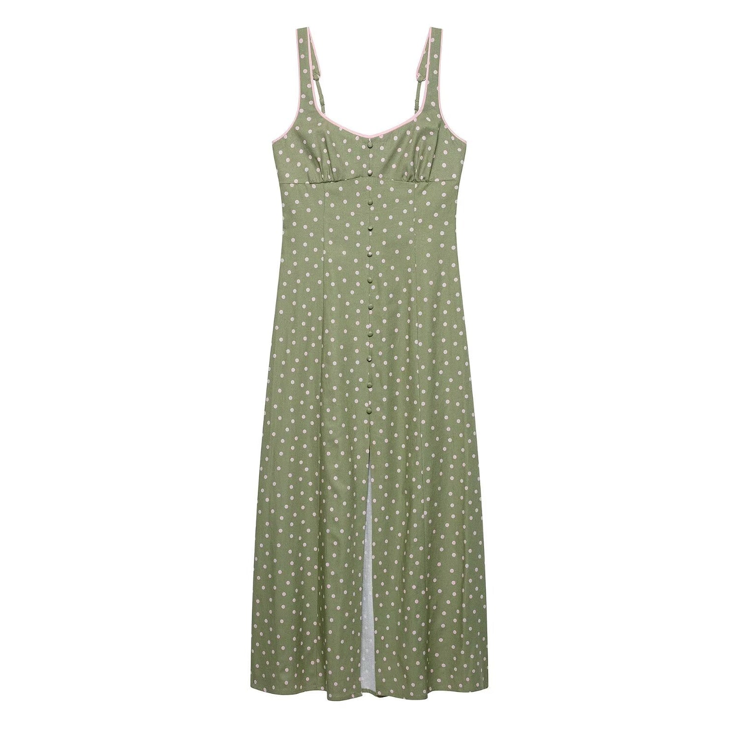 Women Clothing Summer Polka Dot Linen Blended Midi Dress Strap Dress  DestGlow