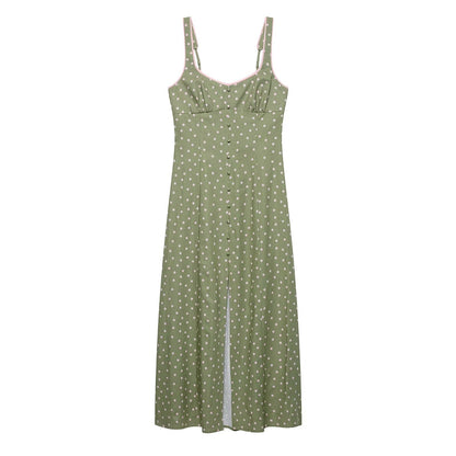 Women Clothing Summer Polka Dot Linen Blended Midi Dress Strap Dress  DestGlow