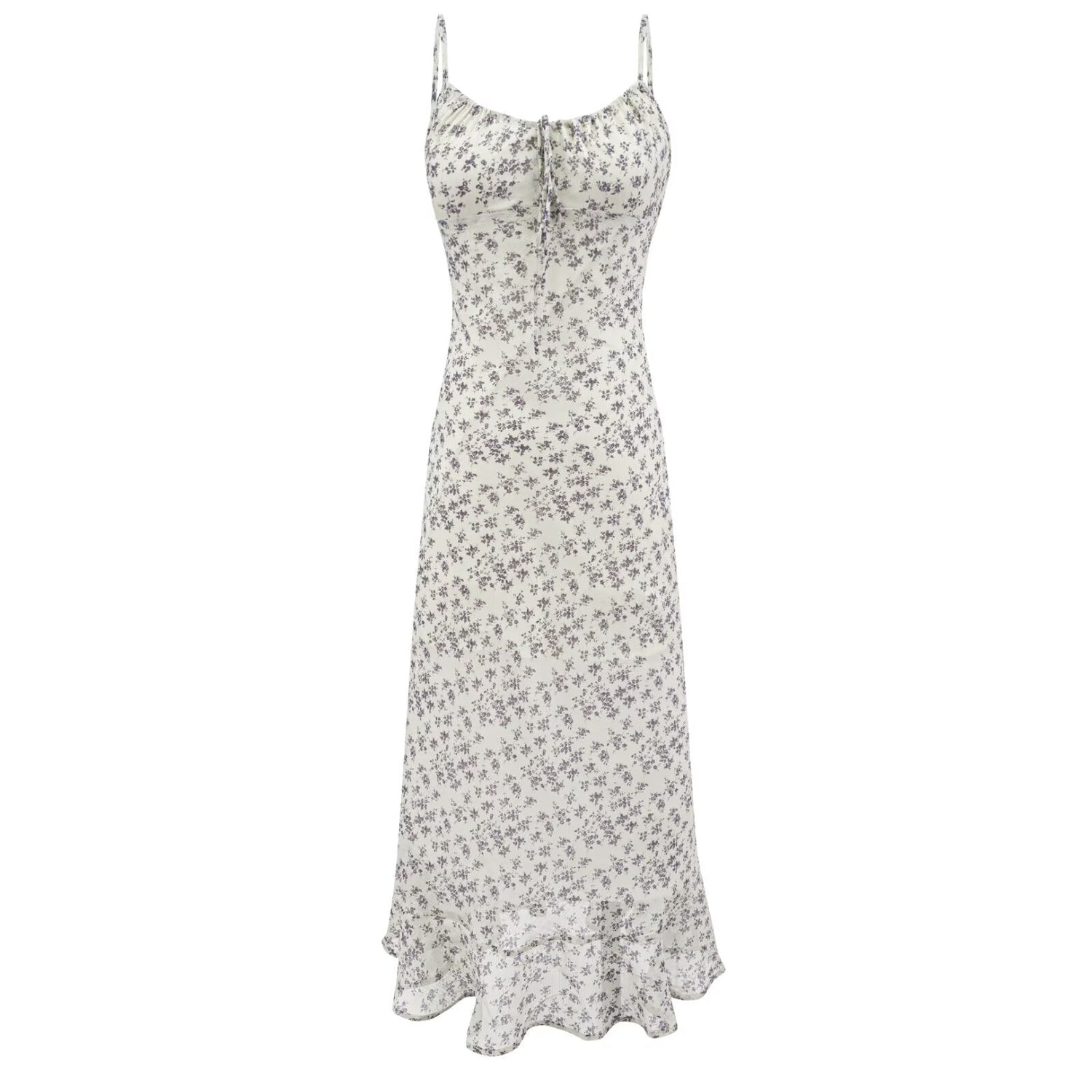 Summer Retro Vacation Printed Maxi Dress Ruffled Design Slim Strap Dress  DestGlow