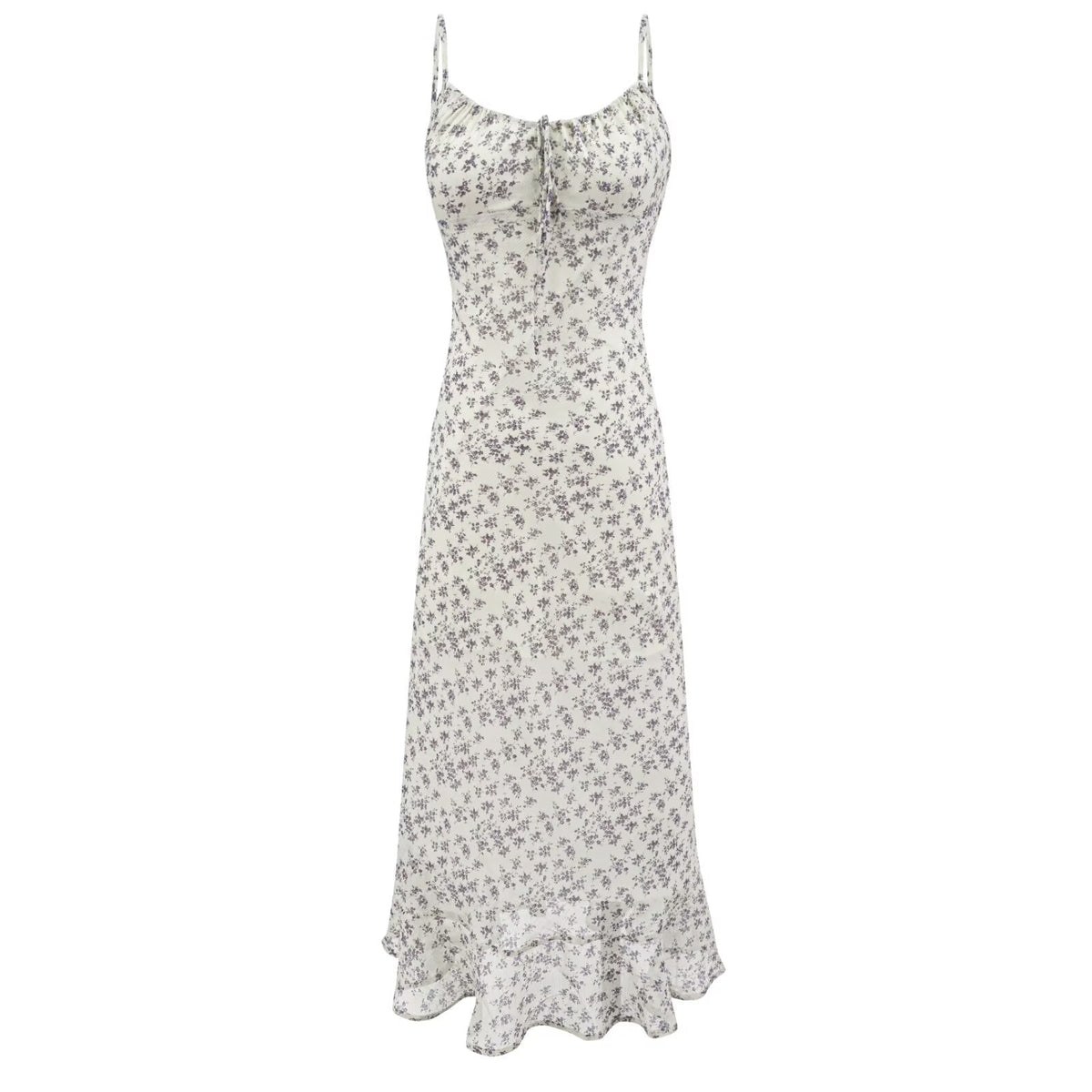 Summer Retro Vacation Printed Maxi Dress Ruffled Design Slim Strap Dress  DestGlow