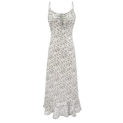 Summer Retro Vacation Printed Maxi Dress Ruffled Design Slim Strap Dress  DestGlow