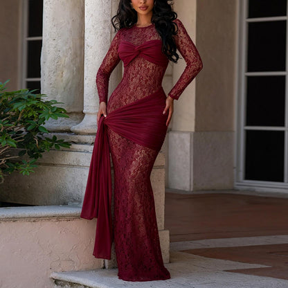 Women Wear Sexy round Neck Lace Slim Fit Long Sleeved Dress  DestGlow