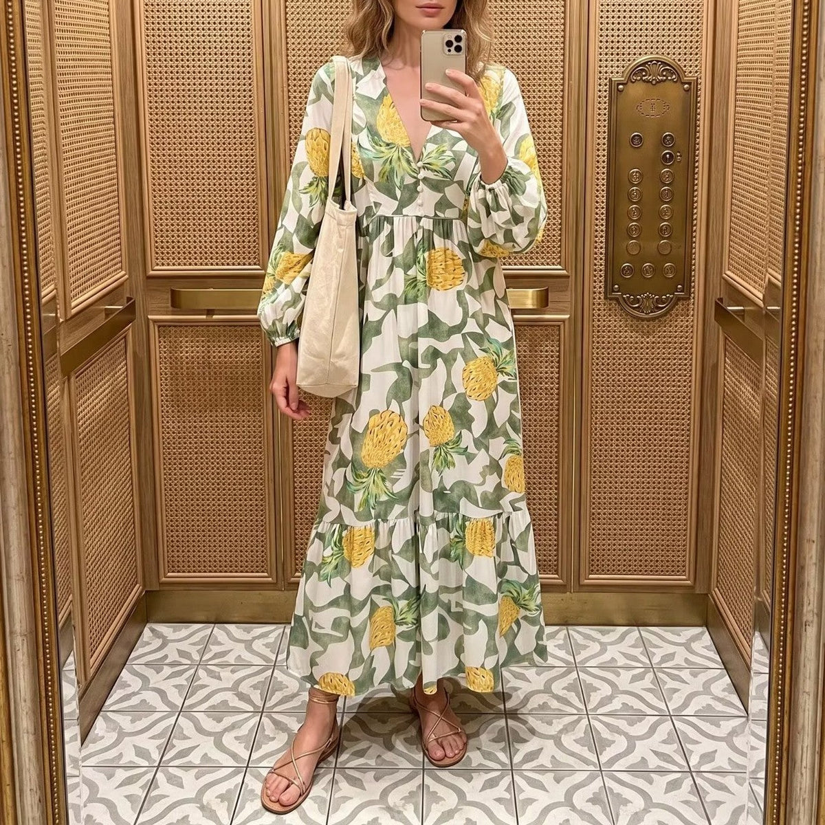Women Clothing Autumn Rayon Printed Bohemian Vacation Loose Long Sleeve Dress  DestGlow