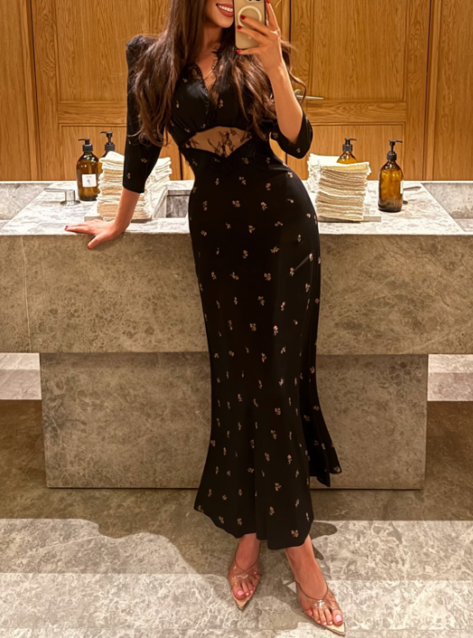 Spring Summer Floral Print Black Lace Stitching Dress  DestGlow