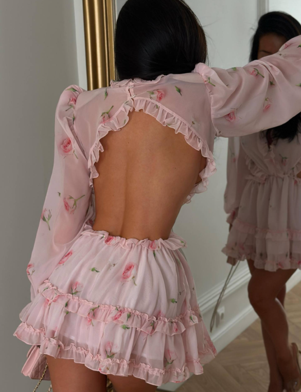 Women Clothing Fresh Sweet Floral Tight Waist Back Hollow Out Cutout-out Long Sleeve Chiffon Dress  DestGlow