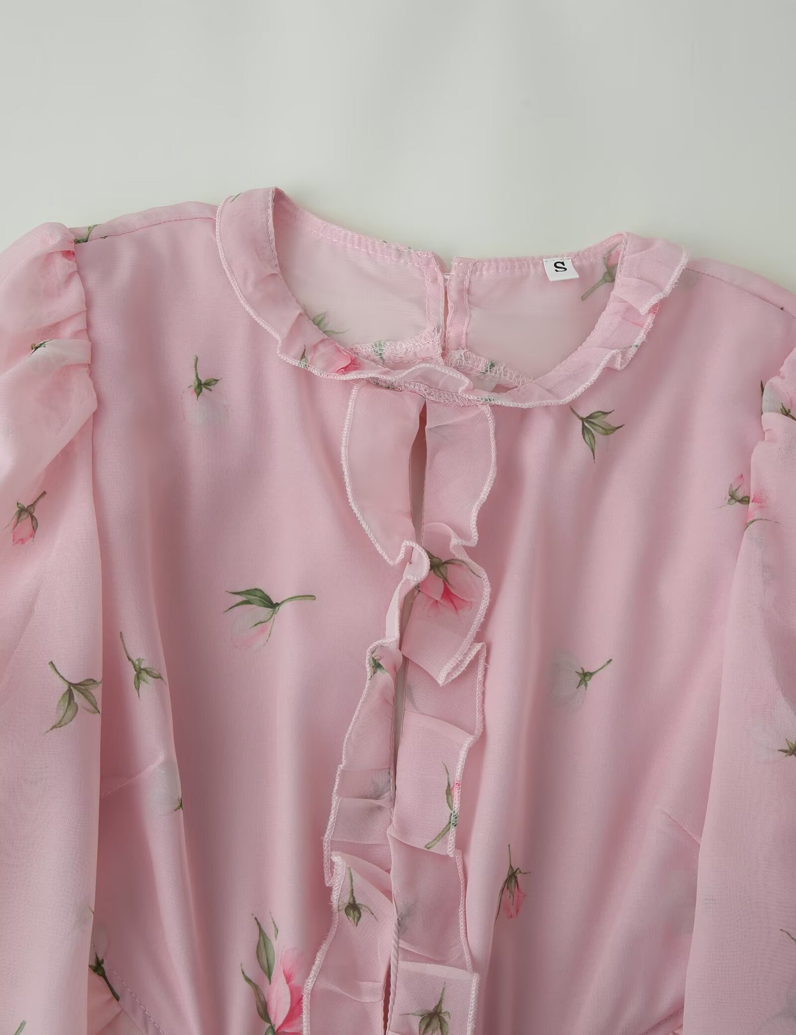 Women Clothing Fresh Sweet Floral Tight Waist Back Hollow Out Cutout-out Long Sleeve Chiffon Dress  DestGlow
