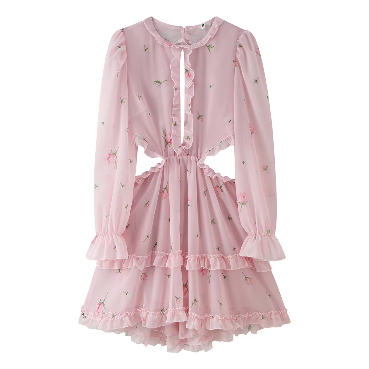 Women Clothing Fresh Sweet Floral Tight Waist Back Hollow Out Cutout-out Long Sleeve Chiffon Dress  DestGlow