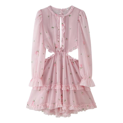 Women Clothing Fresh Sweet Floral Tight Waist Back Hollow Out Cutout-out Long Sleeve Chiffon Dress  DestGlow