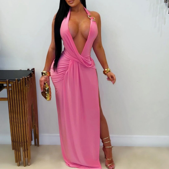 Women Wear Sexy Deep V Plunge Halter Backless Sheath Dress  DestGlow