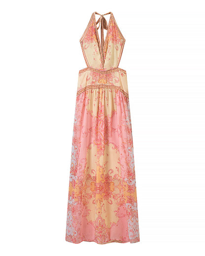 Halterneck Printed Tie Dye Dress Women Clothing Summer Stylish Printed Tie Dye Dress  DestGlow