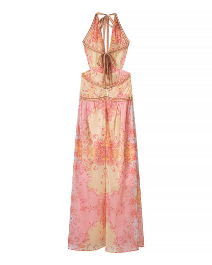 Halterneck Printed Tie Dye Dress Women Clothing Summer Stylish Printed Tie Dye Dress  DestGlow