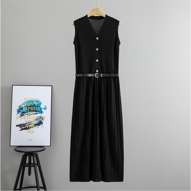 Summer Wear French Sleeveless Knitted Vest Pleated Elegant Dress Belt Cinched Slimming Maxi Dress Women  DestGlow